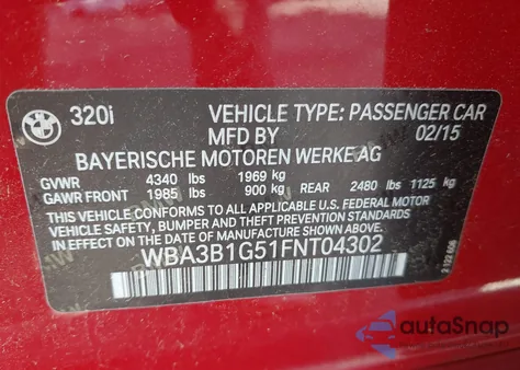 2015 BMW 320I z USA, uszkodzony, nr VIN WBA3B1G51FNT04302